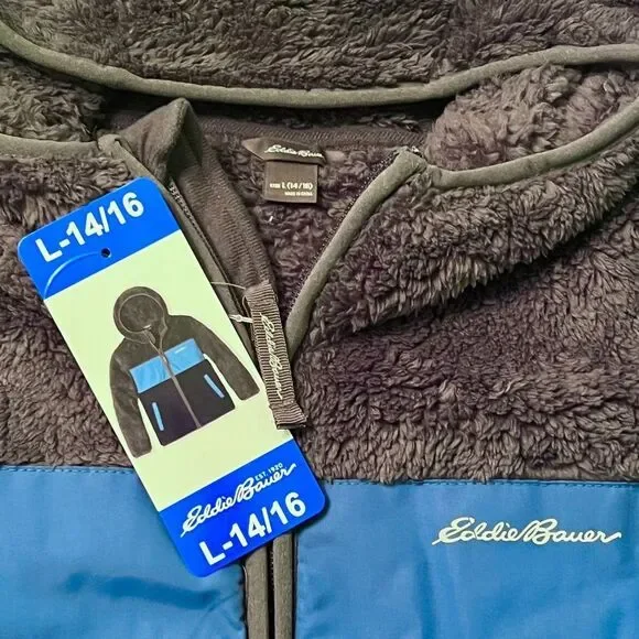 NEW! NWT EDDIE BAUER Youth Blue Gray Color-block Plush Fleece Zip Jacket - Picture 6 of 14